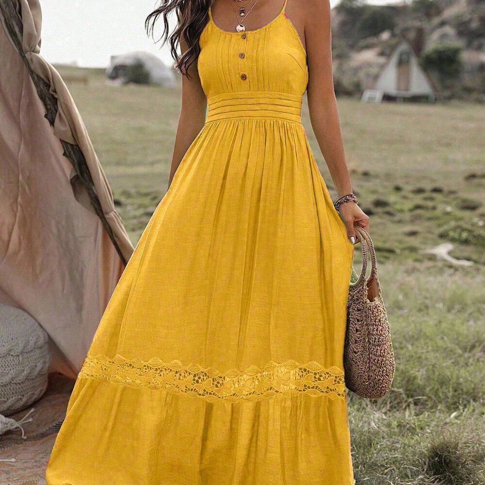 Yellow Boho Women's Lace Decorated Cami Maxi Dress